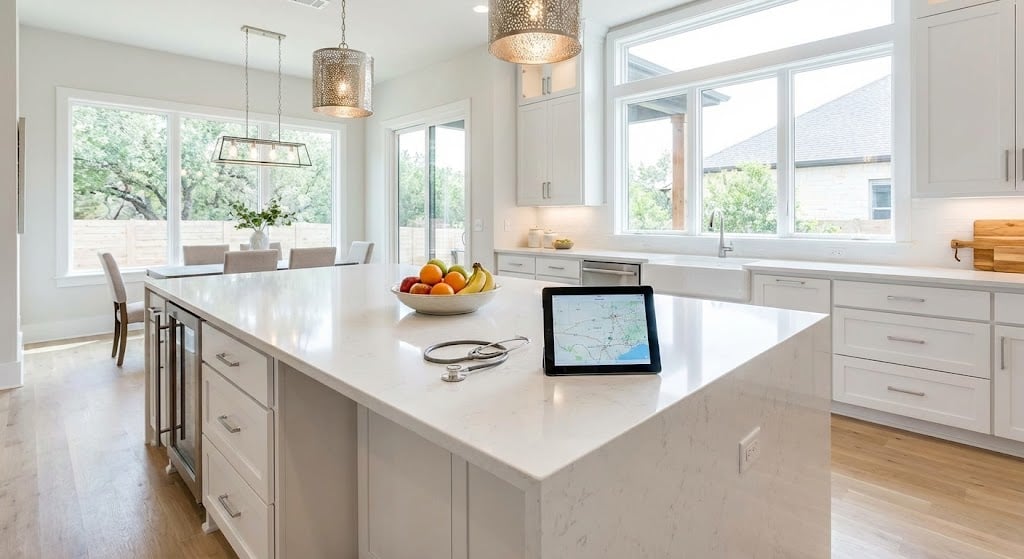 Quartz countertop kitchen for furnished medical housing in Temple