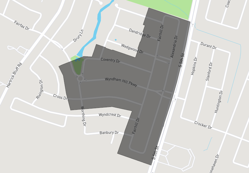 Map of the Wyndham Hill subdivision boundary in Temple TX, showing Wedgwood Drive, Coventry Drive, Wyndham Hill Parkway and South 5th Street
