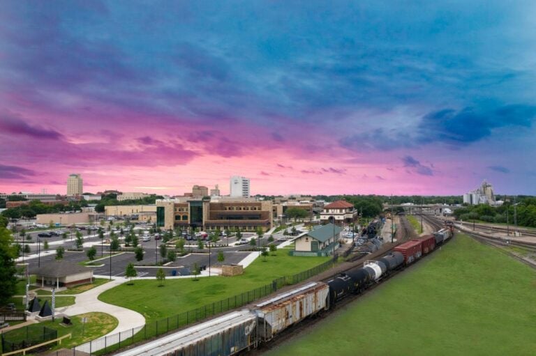 Aerial view of downtown Temple, Texas, with the rail yard in the foreground