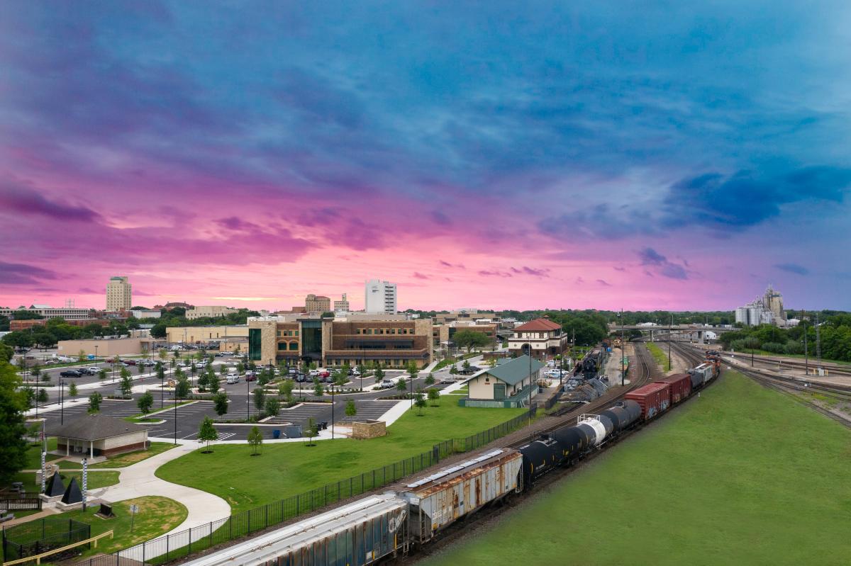 Aerial view of Temple Texas downtown and surrounding residential areas