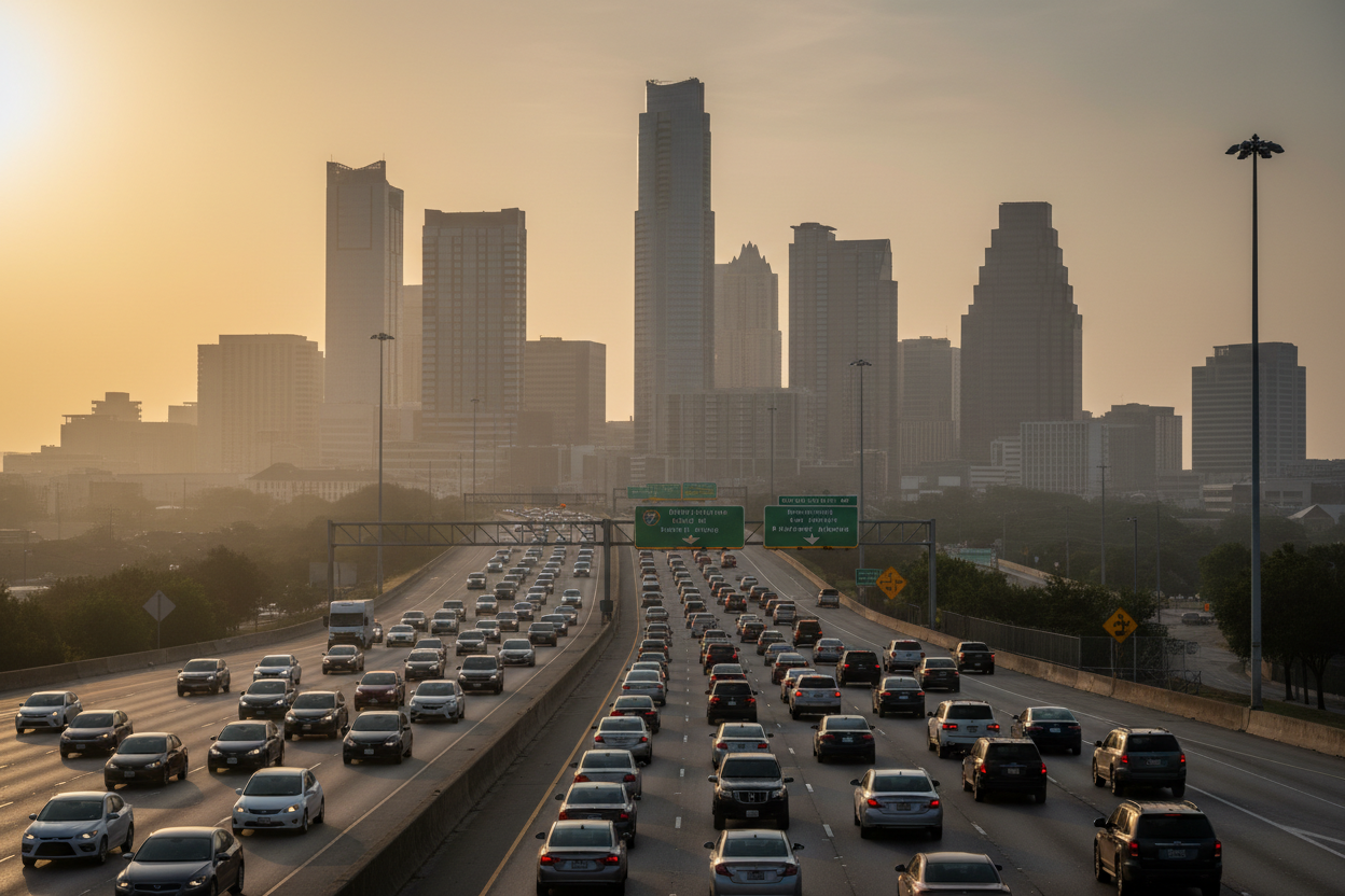 Central Texas highway traffic toward Austin, relevant to a spouse commute or remote-work decision