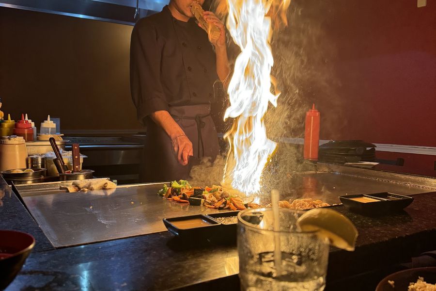 Hibachi chef preparing food at Nami Japanese Steakhouse in downtown Temple TX