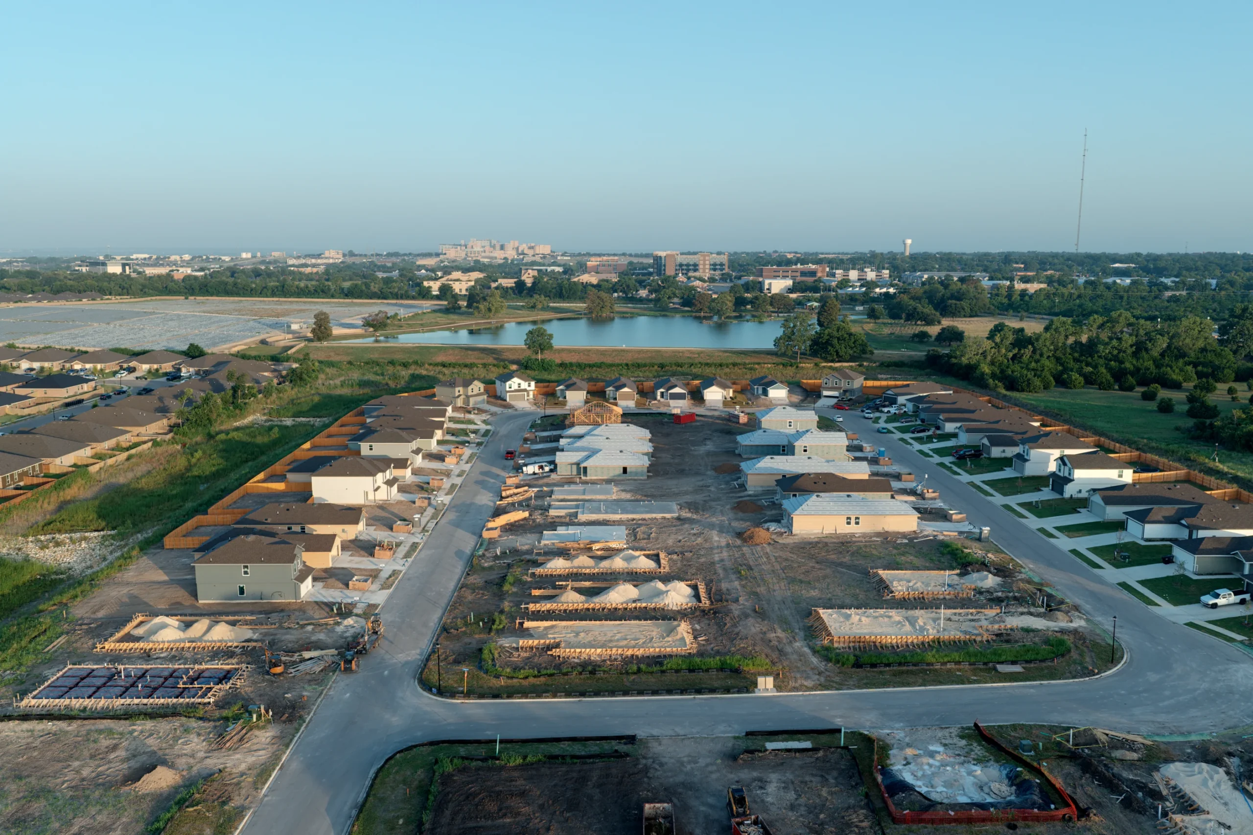 Aerial view of completed homes and active home construction in Pecan Creek, Temple, Texas