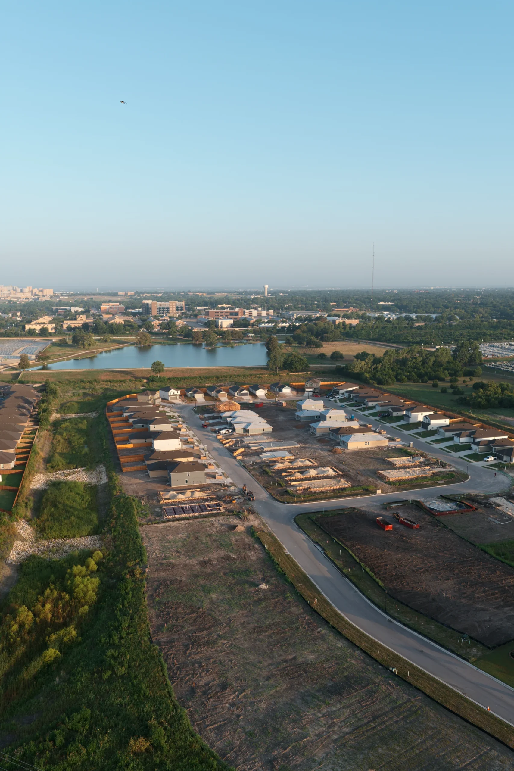 Vertical aerial view of Pecan Creek streets and homes