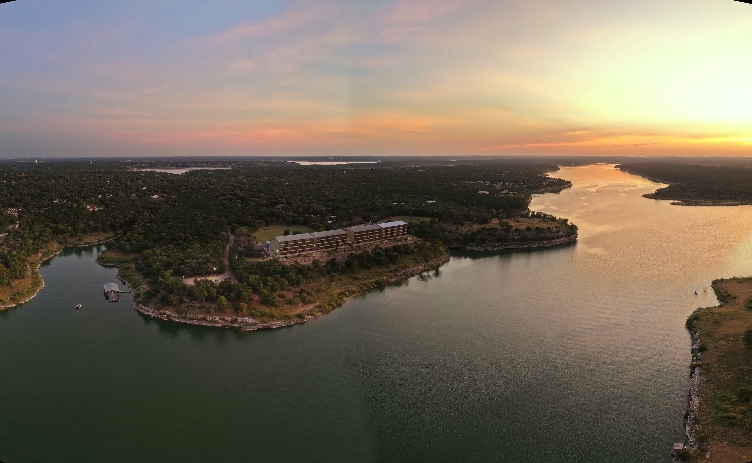 Belton Lake at sunset, panoramic aerial over open water near Belton TX