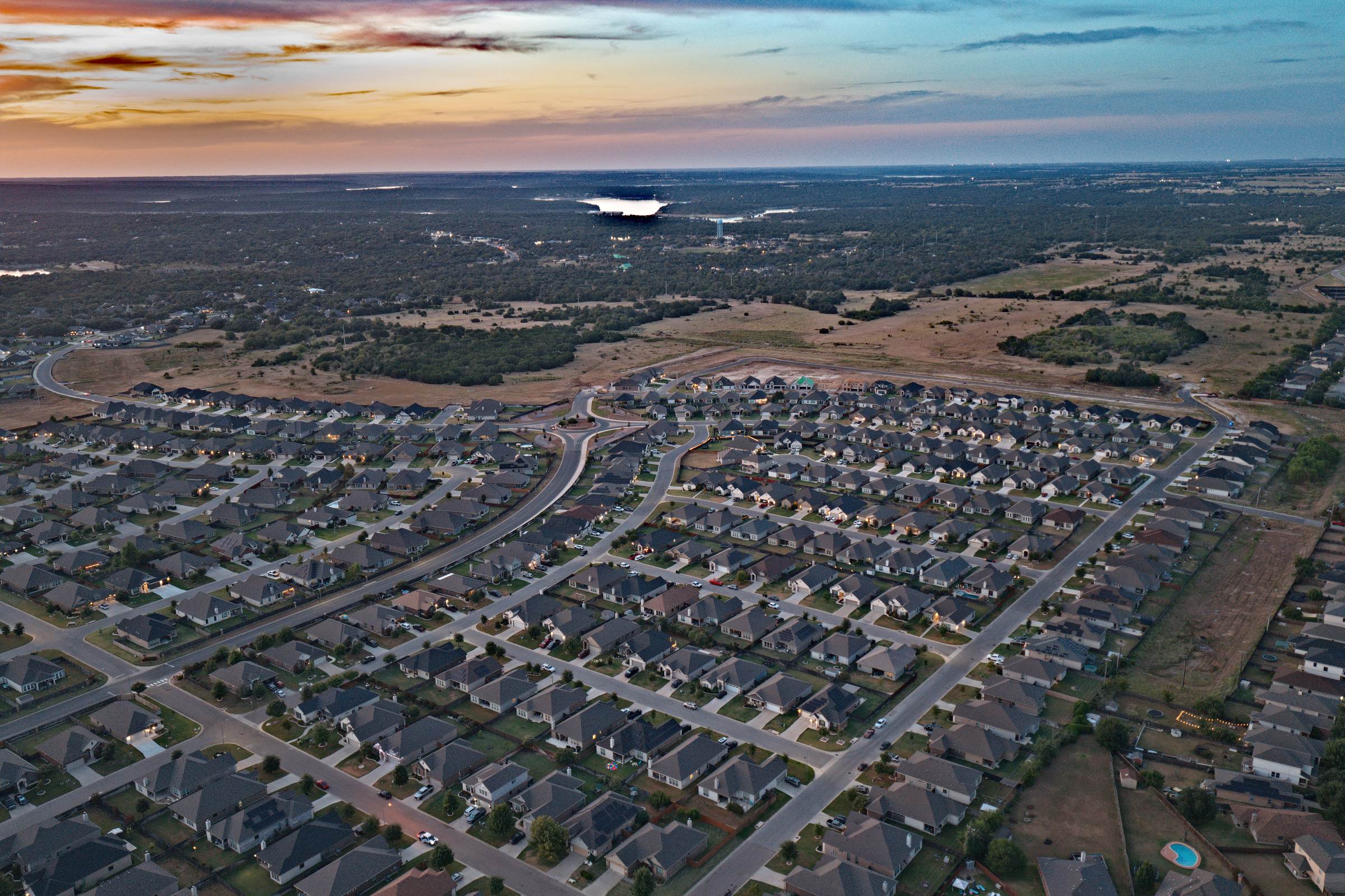 The Groves at Lakewood at dusk with Belton Lake on the horizon, Temple TX