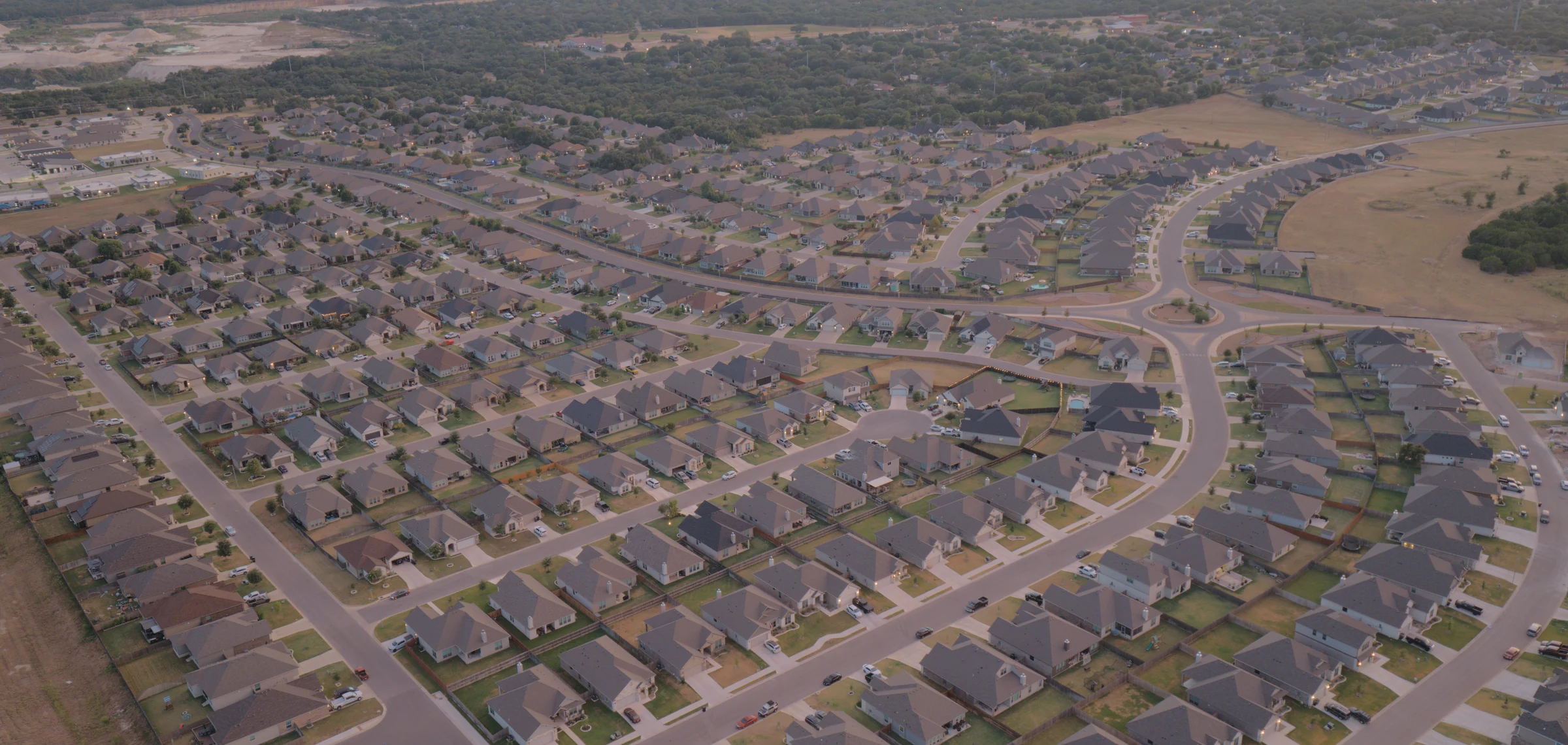 Aerial view of homes and streets in The Groves at Lakewood Ranch in West Temple, Texas
