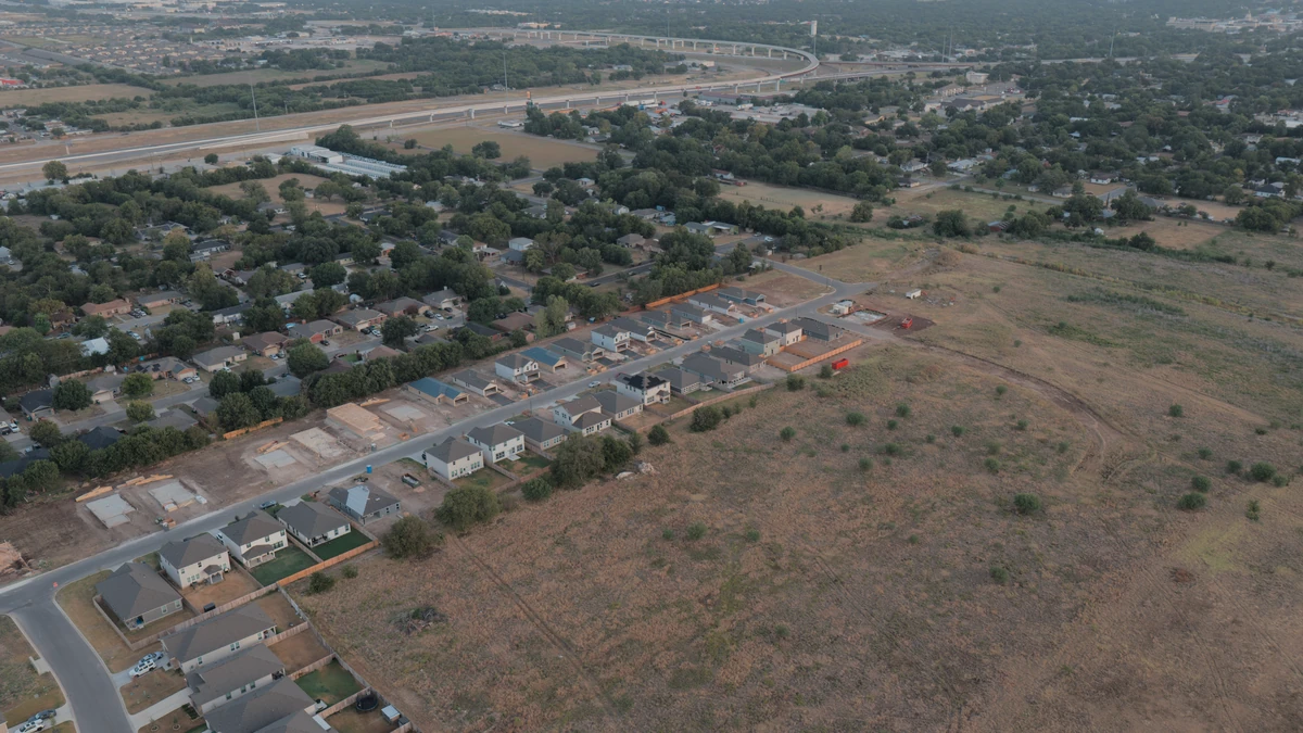 Aerial view of homes, lots, and neighborhood build-out in Hidden Trails, Belton TX