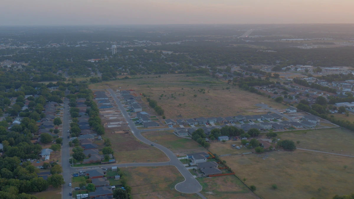 Aerial view of residential streets and homes in Hidden Trails, Belton TX