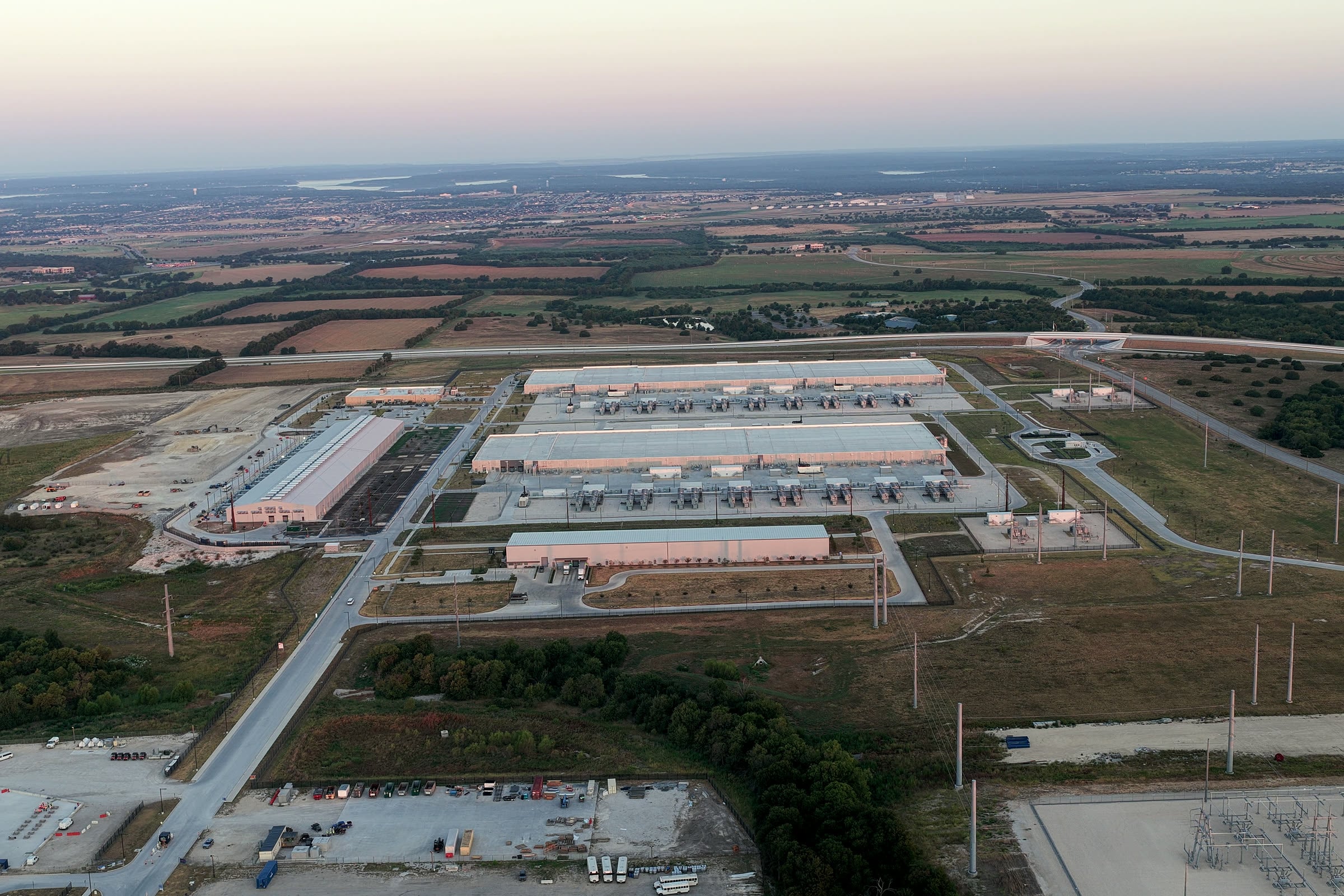 Aerial view of the Meta data center campus and an electrical substation in Enterprise Industrial Park, Temple, TX