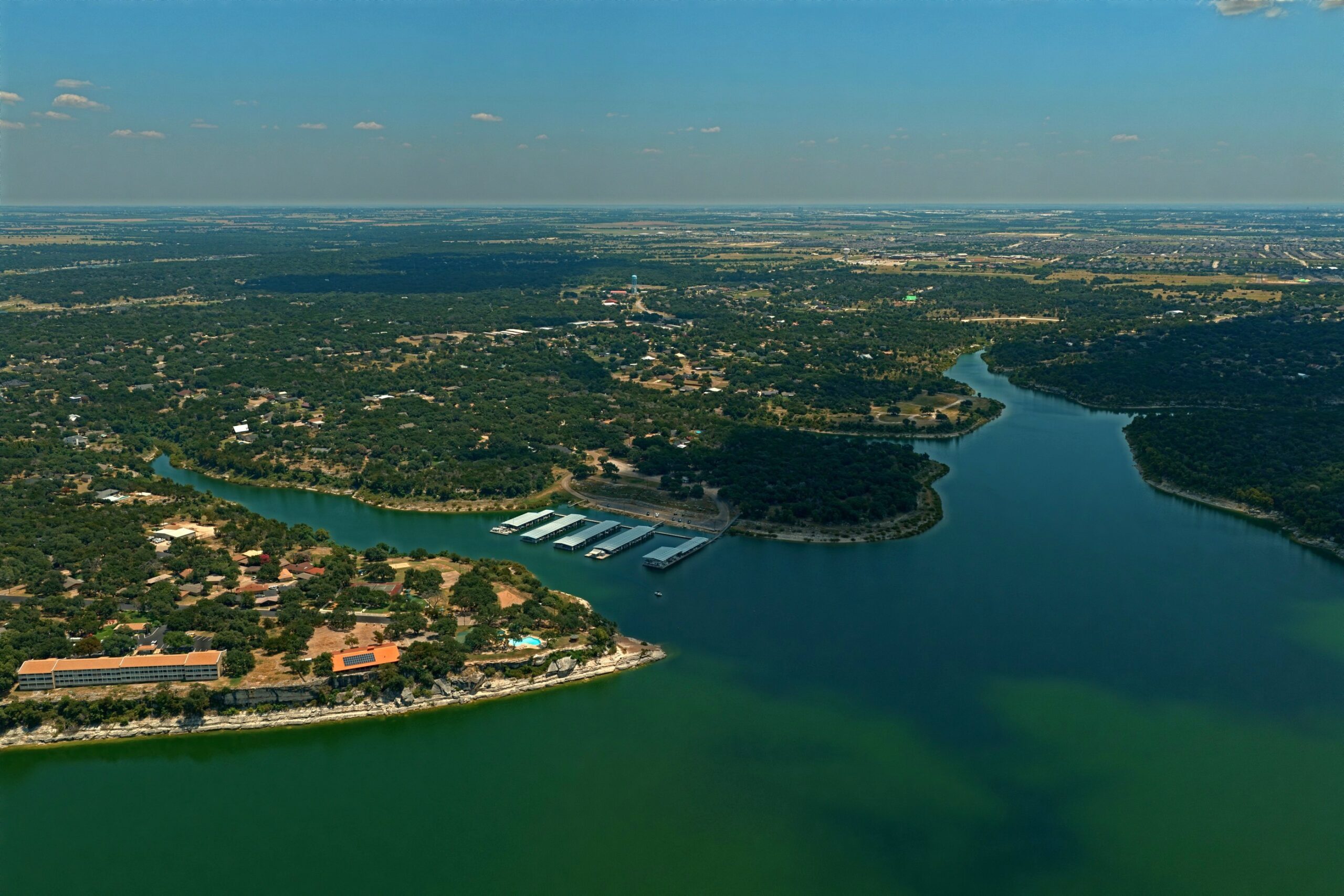 Morgan’s Point Marina covered slips on Belton Lake — the only in-water boat storage option, with private docks prohibited lake-wide