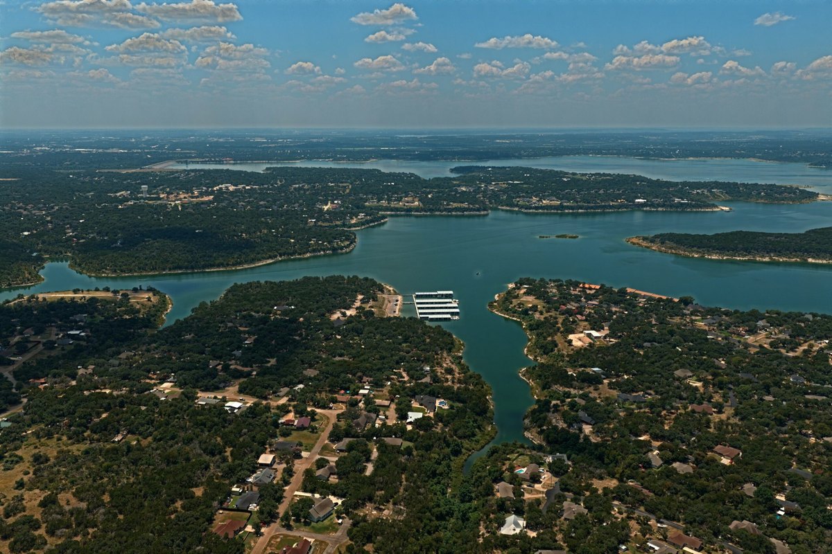 Morgan’s Point Resort narrows aerial — marina and waterfront homes on Belton Lake, TX