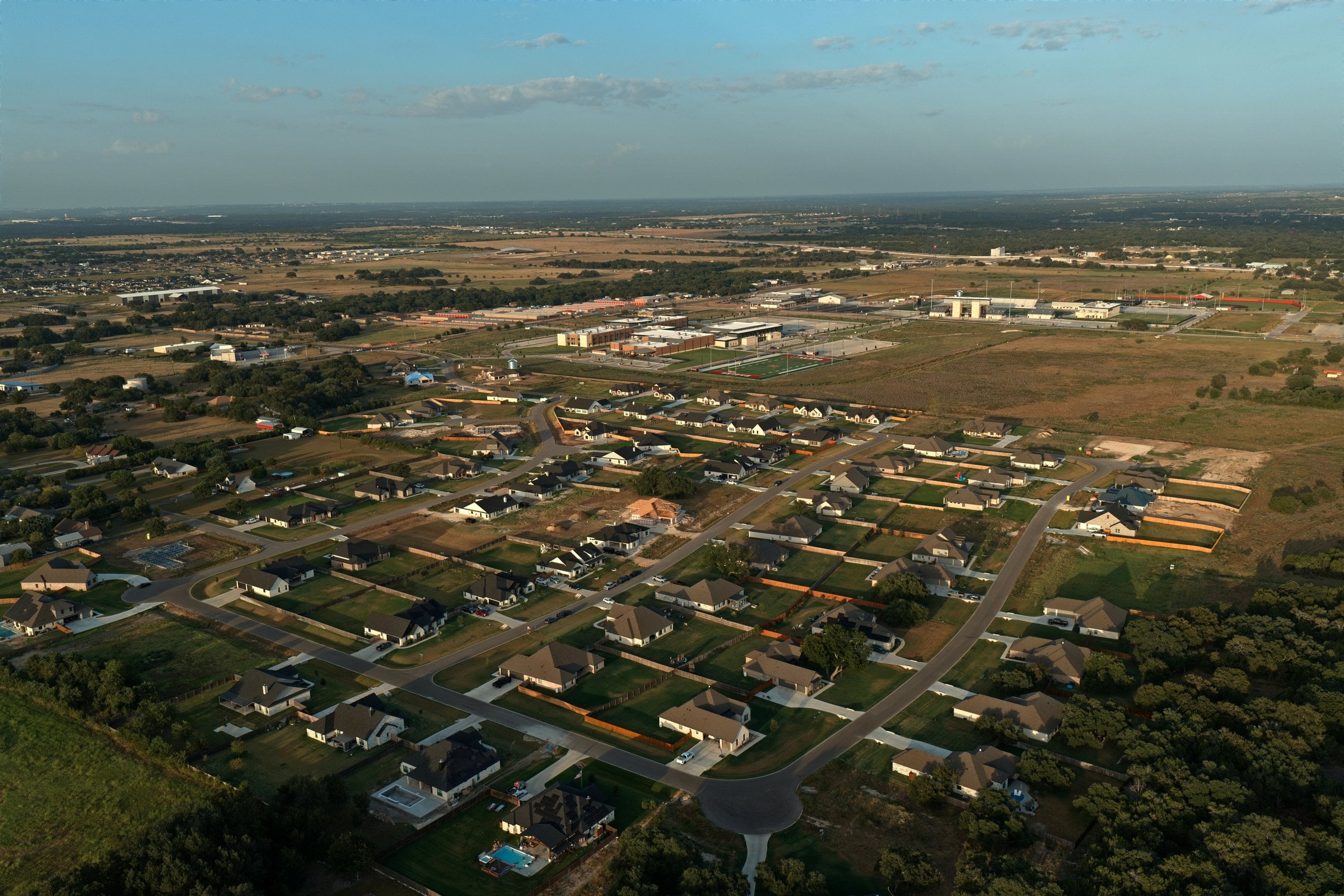Eagle Ranch aerial with large lots and custom homes in Salado TX