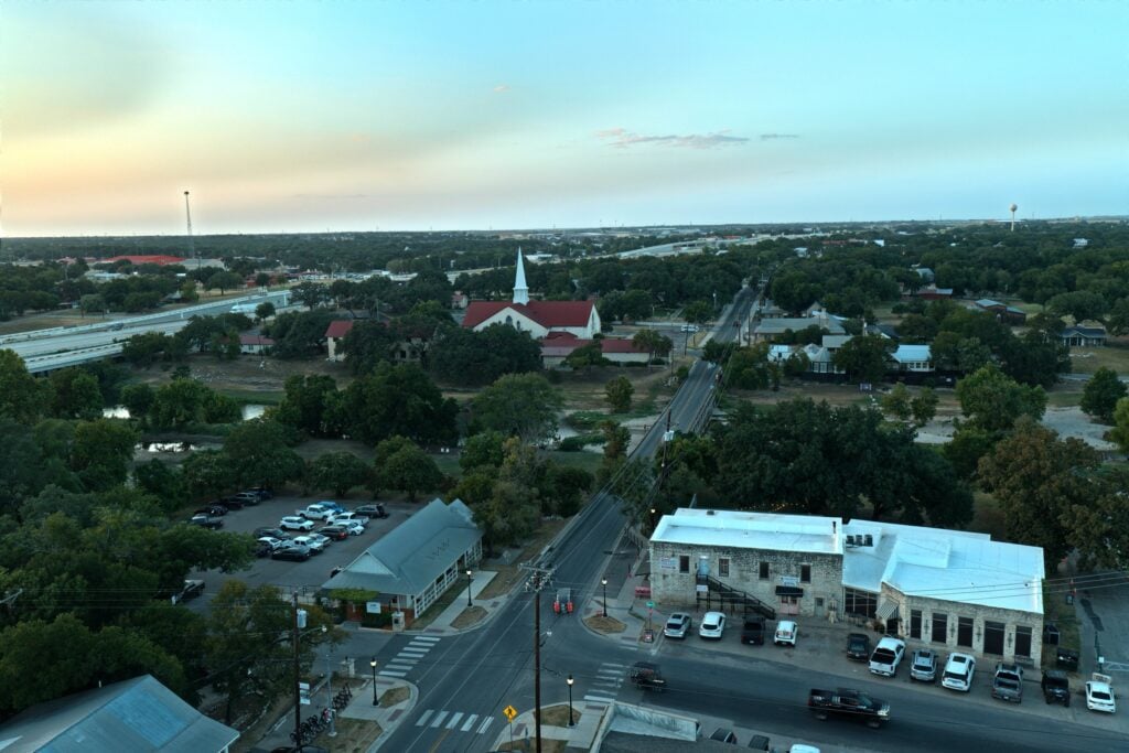 Main Street Salado at dusk, photographed from above by Taylor Dasch