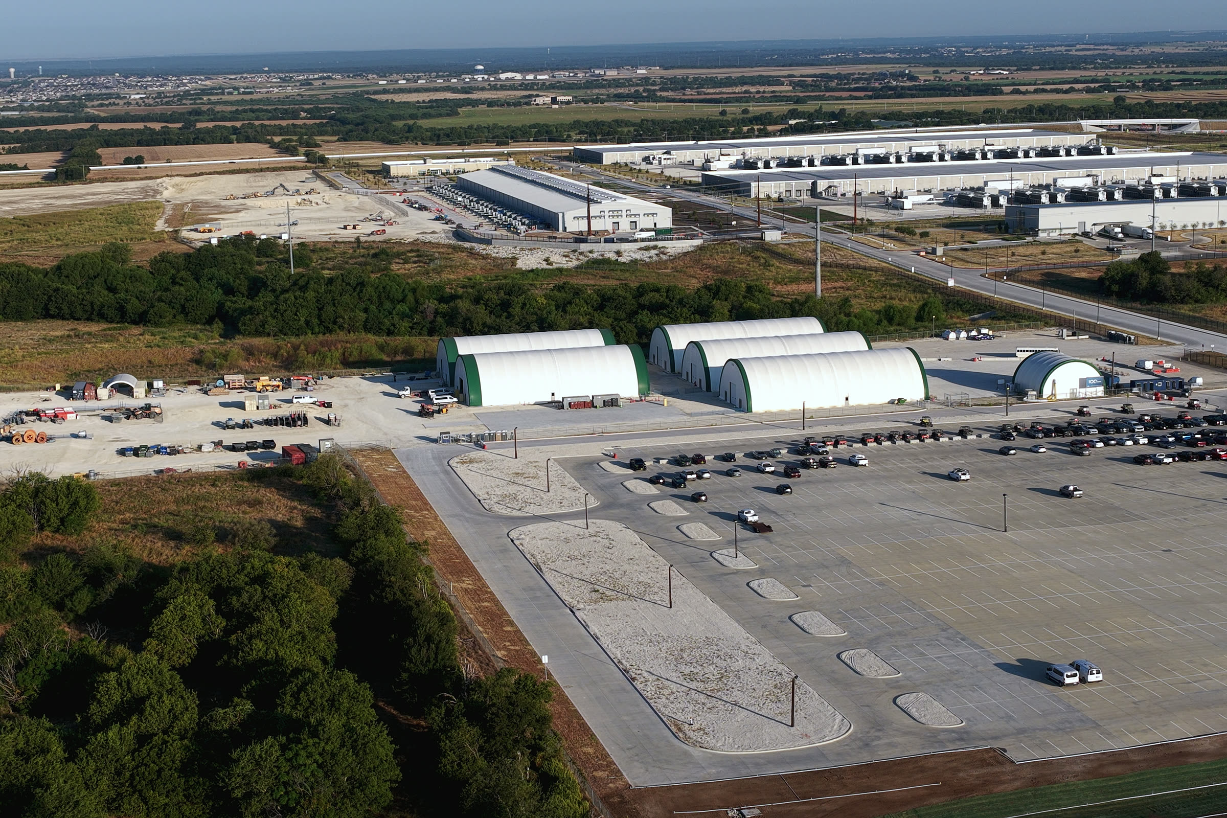 Contractor parking and temporary construction buildings at the Meta data center campus in Temple, TX