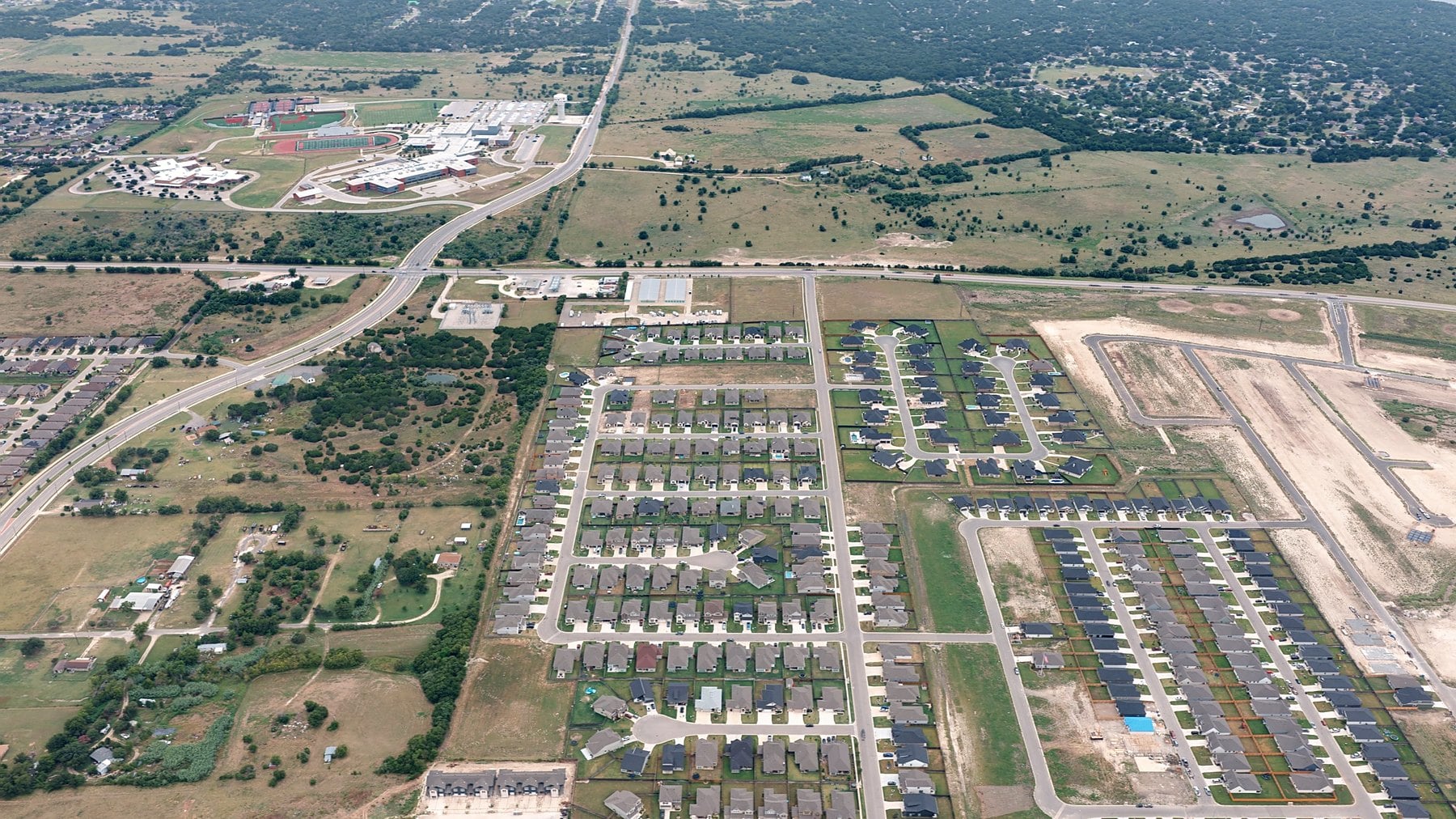 Aerial view of a new-construction subdivision in Temple, TX