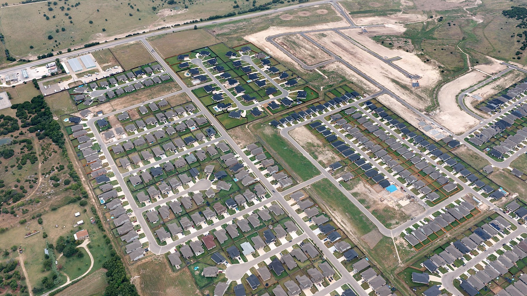 New construction in Temple, TX — aerial of a Bell County new-build subdivision