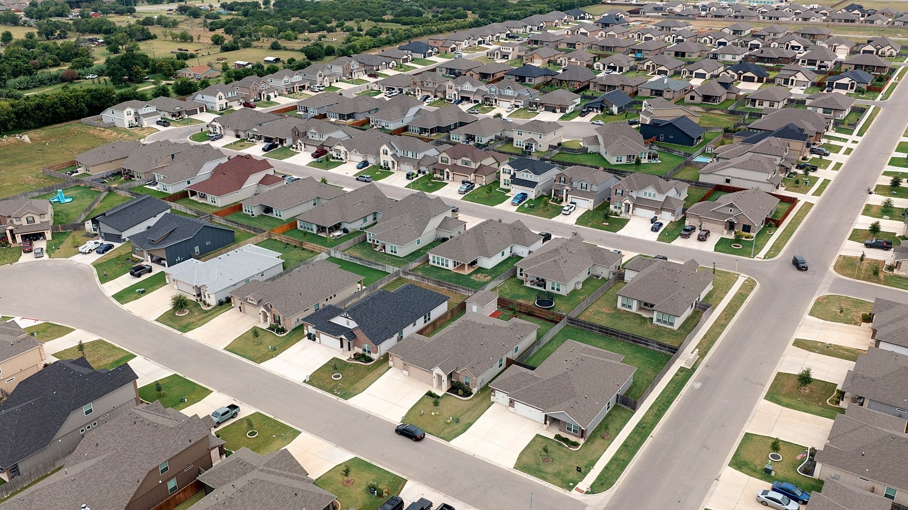 Aerial view of a new-construction neighborhood in Central Texas