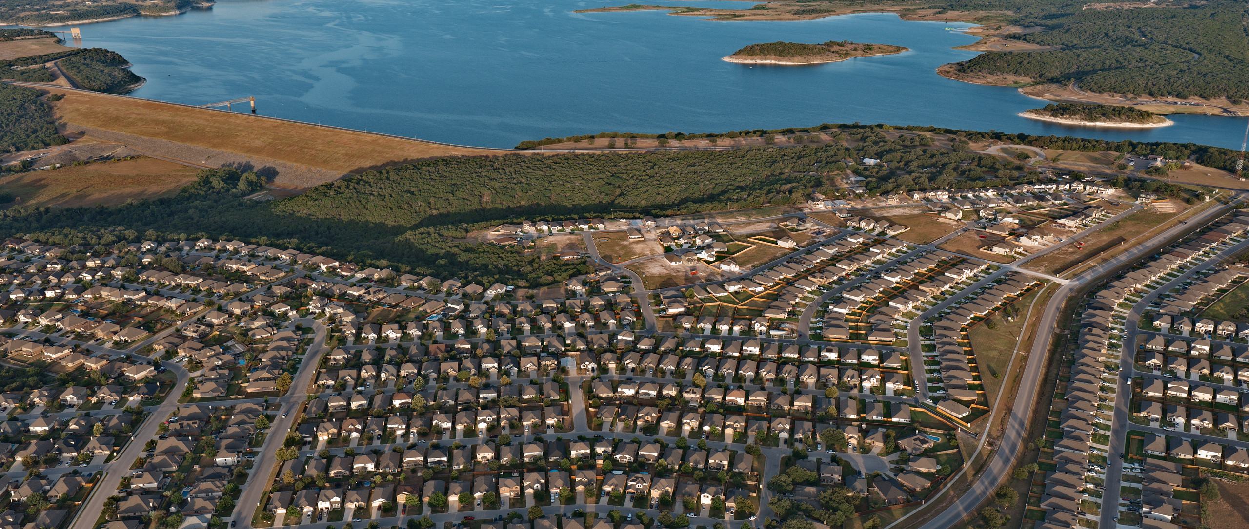Three Creeks community aerial with Belton Lake and the dam, Belton TX