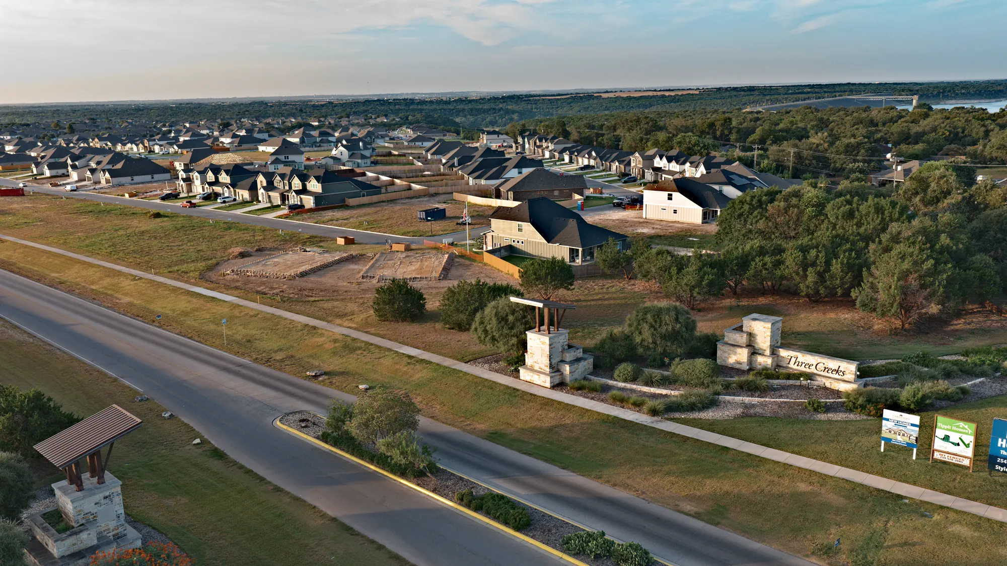 Aerial view of streets and residential build-out in Three Creeks, Belton TX