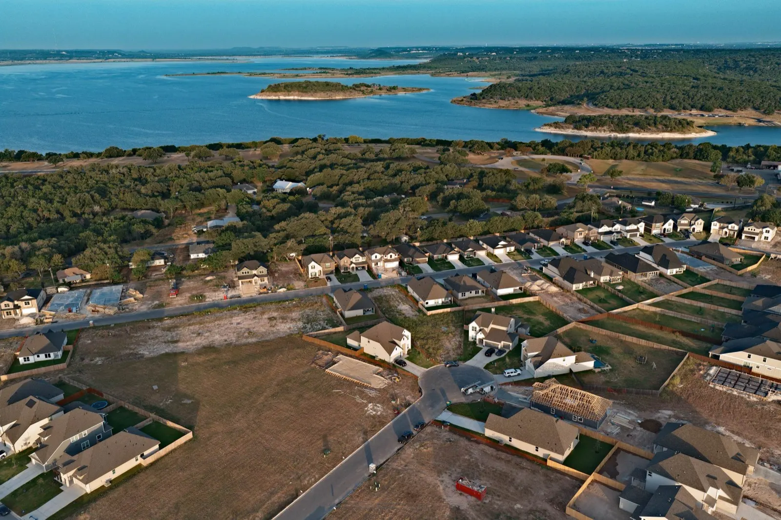 New construction homes going up in Three Creeks with Belton Lake behind, Belton TX