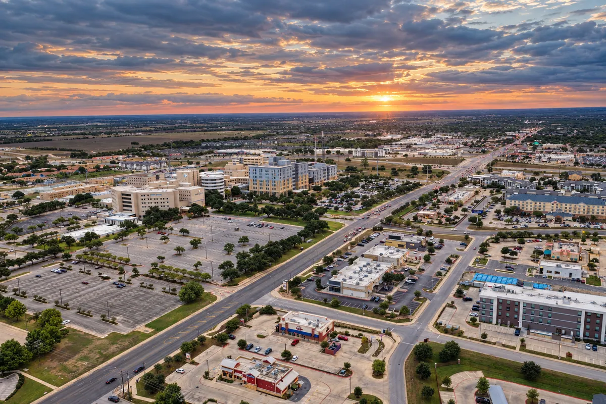 Drone view south along South 31st Street in Temple, with the Baylor Scott and White Medical Center – Temple campus on the left