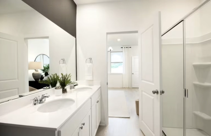 Double-sink primary bathroom, from Centex’s County View gallery (Centex marketing photo)