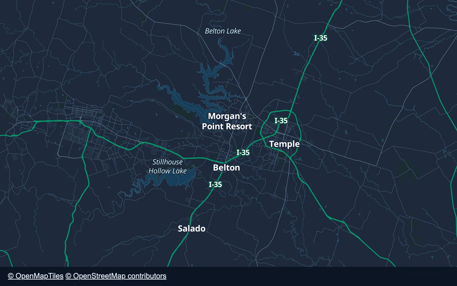 Regional orientation map showing Temple, Belton, Salado, Morgan’s Point Resort, Interstate 35, Belton Lake and Stillhouse Hollow Lake.